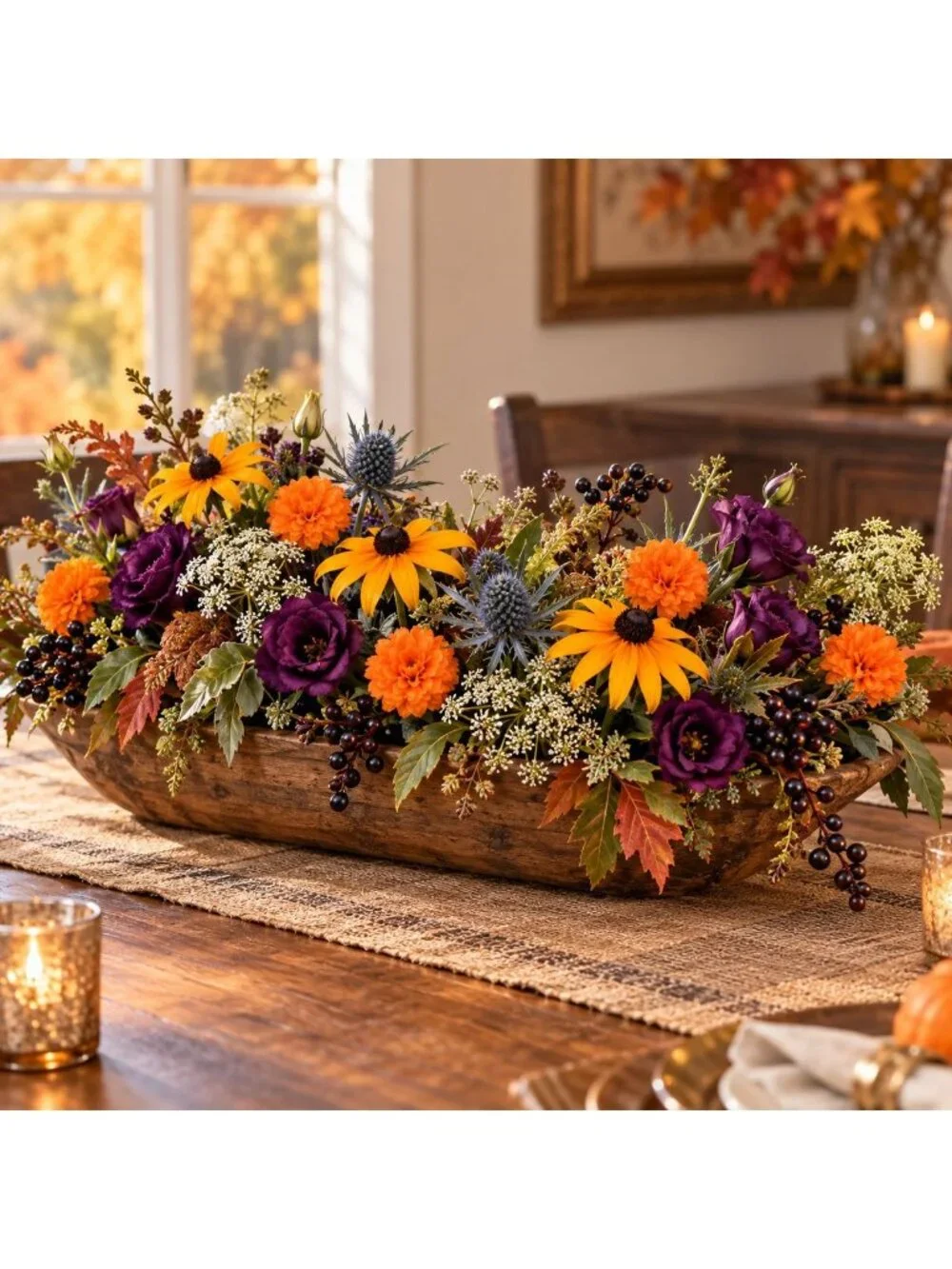 Pumpkin Orange Mini Pom Pom Mums, 4 Stem Artificial Faux Flower Bunch, Fall